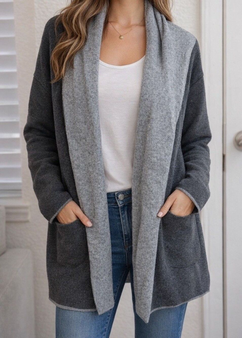 Tommy Bahama Cardigan Sweater Women M Gray Open Front Shawl Collar Cashmere Wool